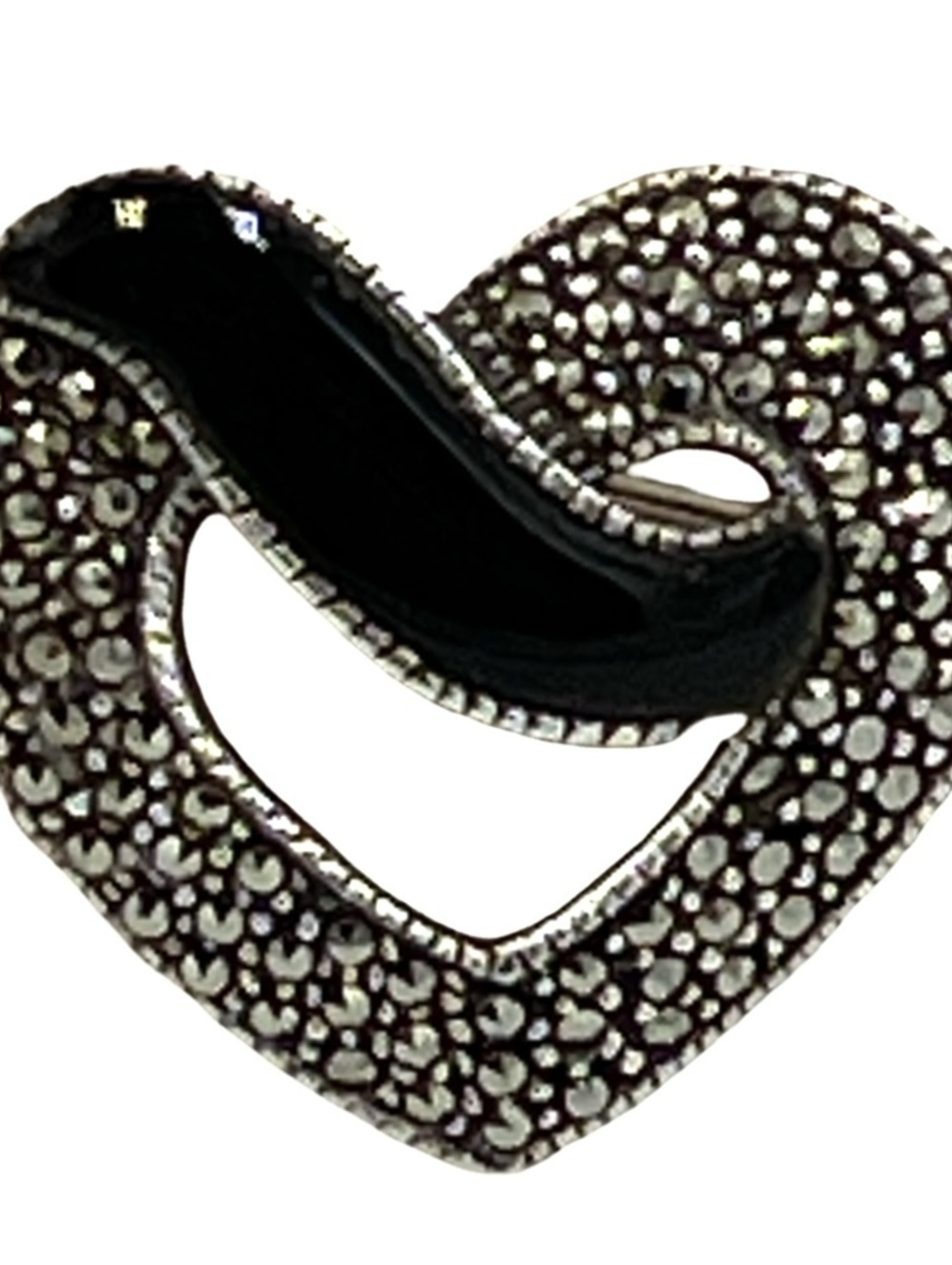 Vintage Art Deco Style Open Heart Marcasite Onyx Brooch